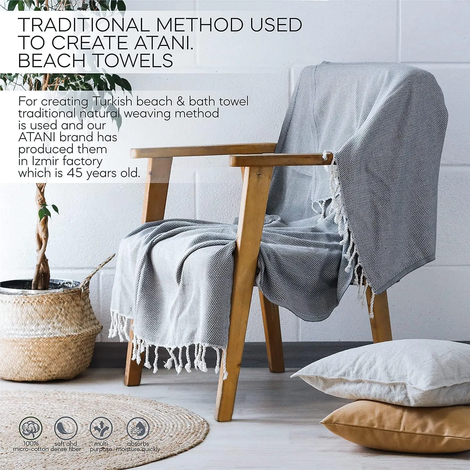 Turkish Beach Towel (69x35 Inches), Oversized 100% Cotton Bath Towels Lightweight Quick-Dry Beach Blanket for Travel, Picnic, Camping, Yoga and Pool (Grey)