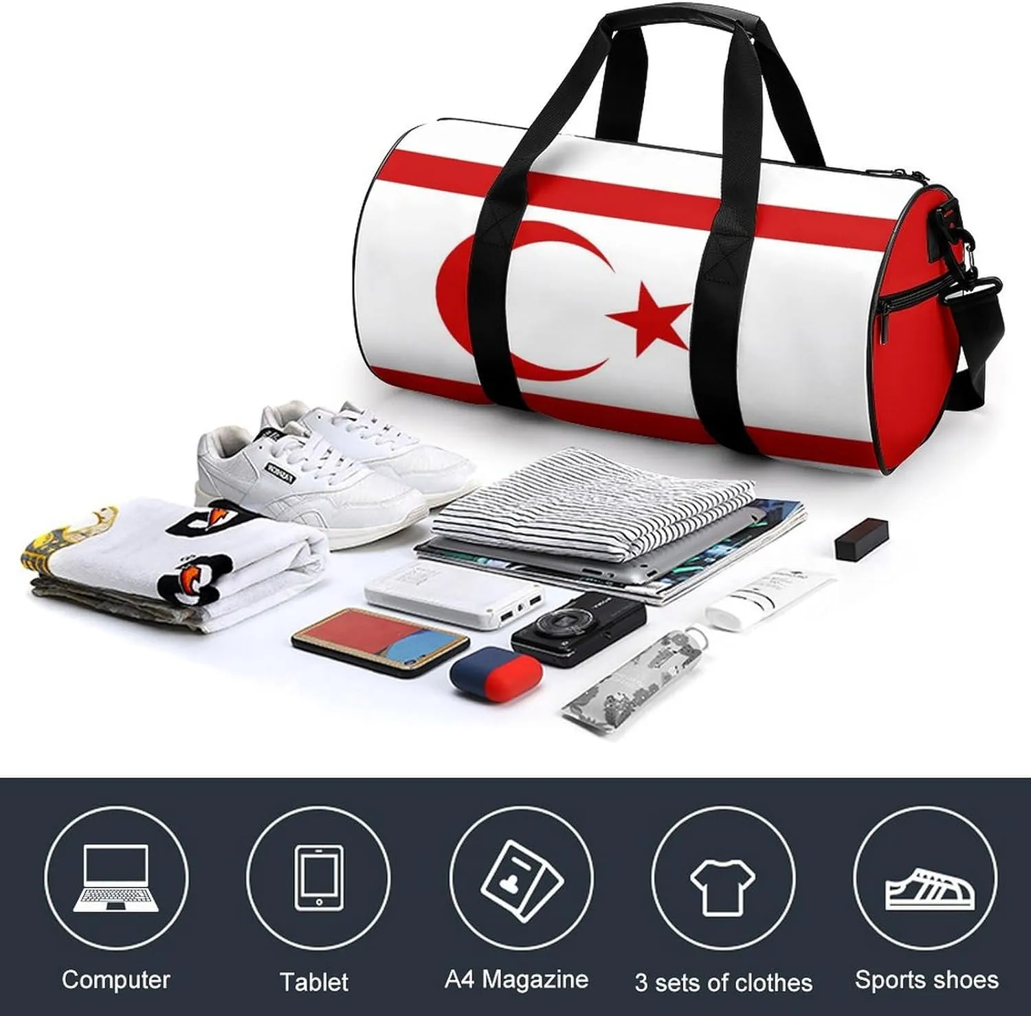 Turkish Republic Northern Cyprus Flag Gym Duffle Bag for Boys Girls with Wet Pocket Sports Weekender Travel Carry On