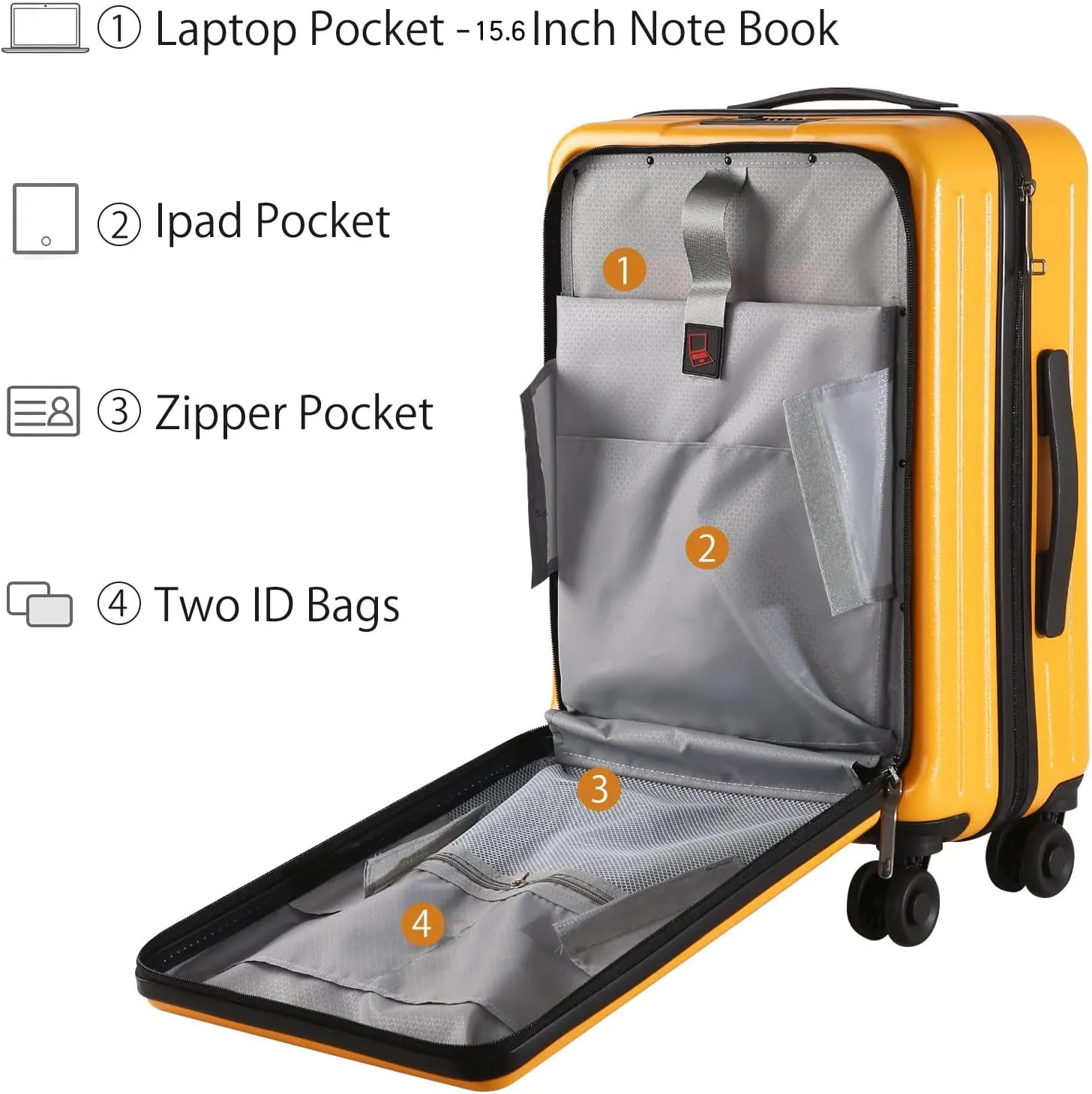 TydeCkare 20 Inch Carry On Luggage with Front Zipper Pocket, 45L, Lightweight ABS PC Hardshell Suitcase with Spinner Silent Wheels, Convenient for Business Trips, Orange