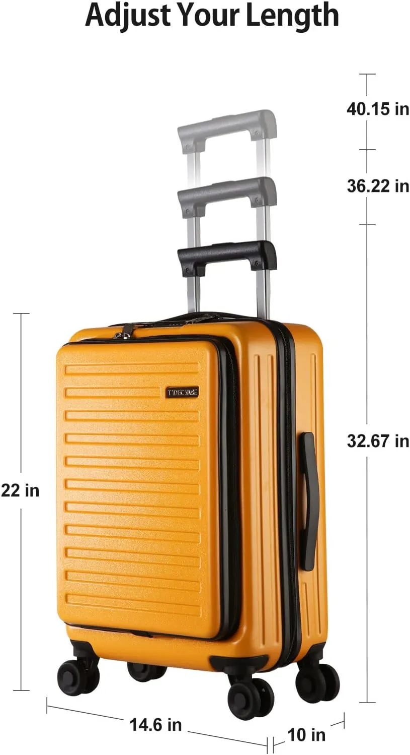 TydeCkare 20 Inch Carry On Luggage with Front Zipper Pocket, 45L, Lightweight ABS PC Hardshell Suitcase with Spinner Silent Wheels, Convenient for Business Trips, Orange