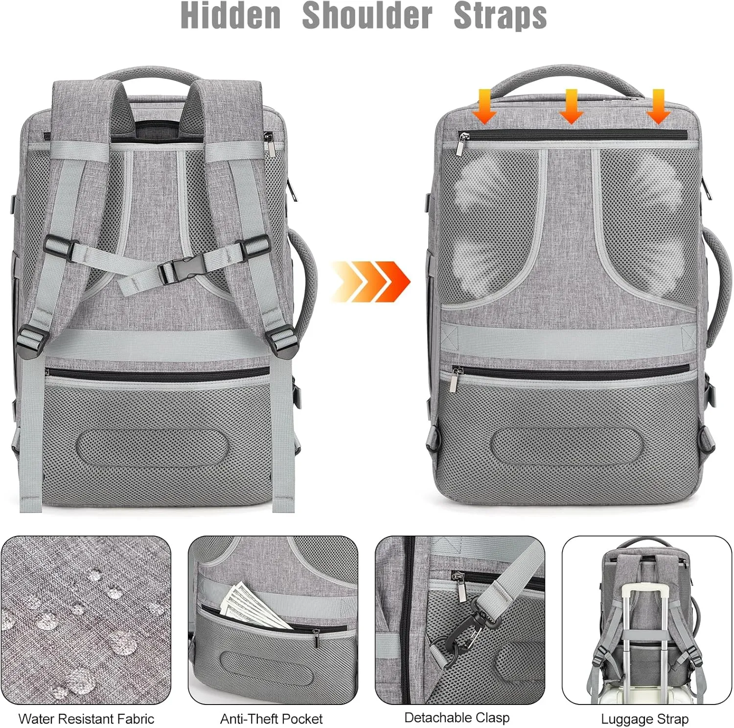 Tzowla 40L Travel Laptop Backpack for Men Women Carry on Flight Approved,Large Capacity Water Resistant Anti Theft Backpacks with USB Port,Business Causal Daypack Bag Fit 17.3"Computer/Notebook(Grey)