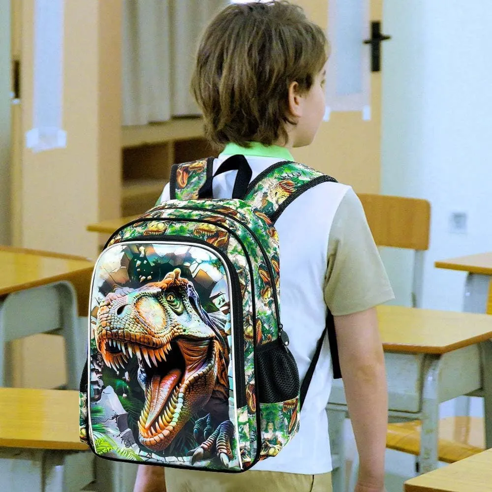 UFNDC 3PCS Boys Backpack,16”Kids Dinosaur Bookbag with Lunch Box, School Bag for Elementary Toddler