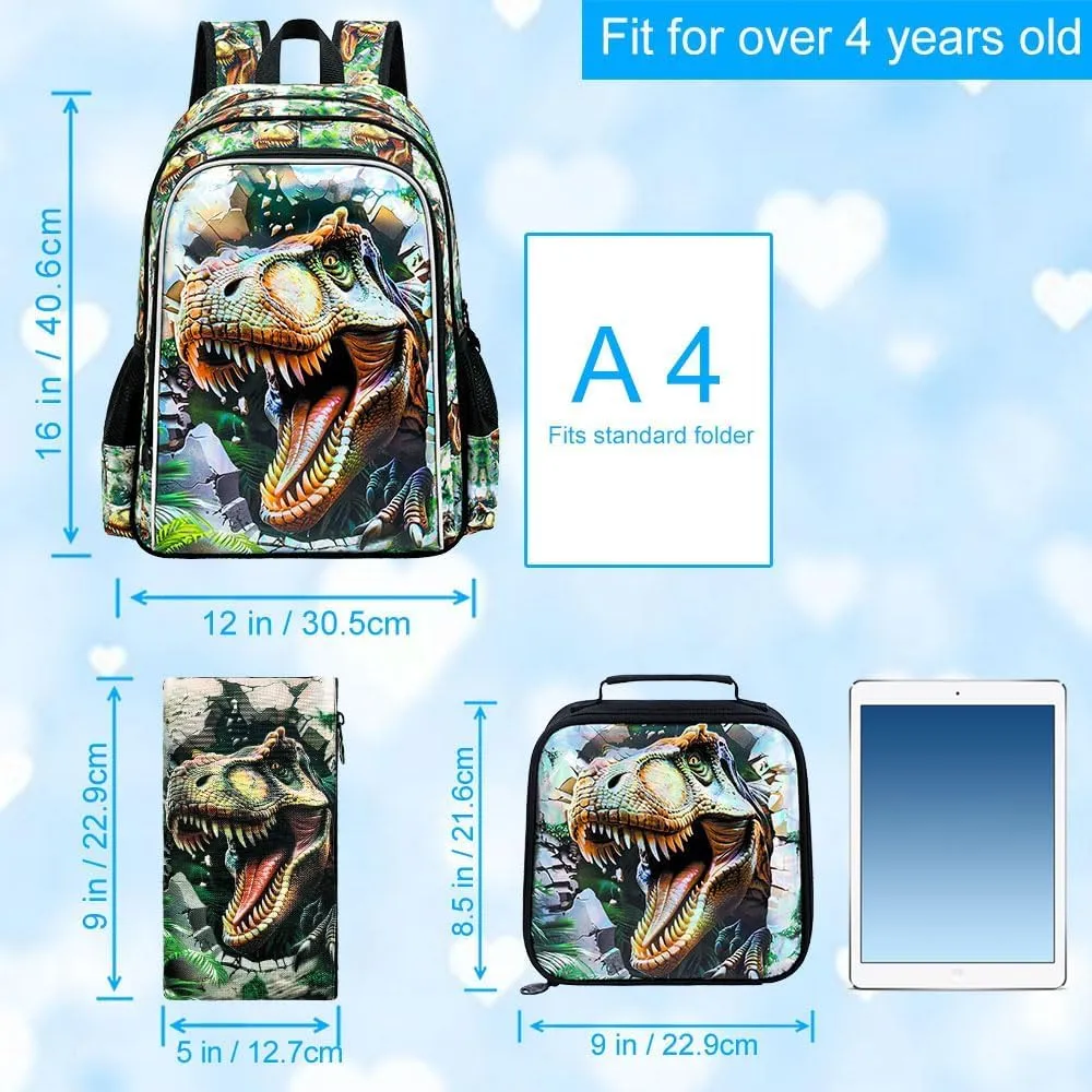 UFNDC 3PCS Boys Backpack,16”Kids Dinosaur Bookbag with Lunch Box, School Bag for Elementary Toddler