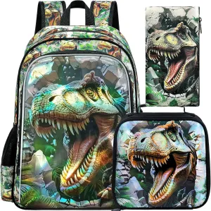 UFNDC 3PCS Boys Backpack,16”Kids Dinosaur Bookbag with Lunch Box, School Bag for Elementary Toddler