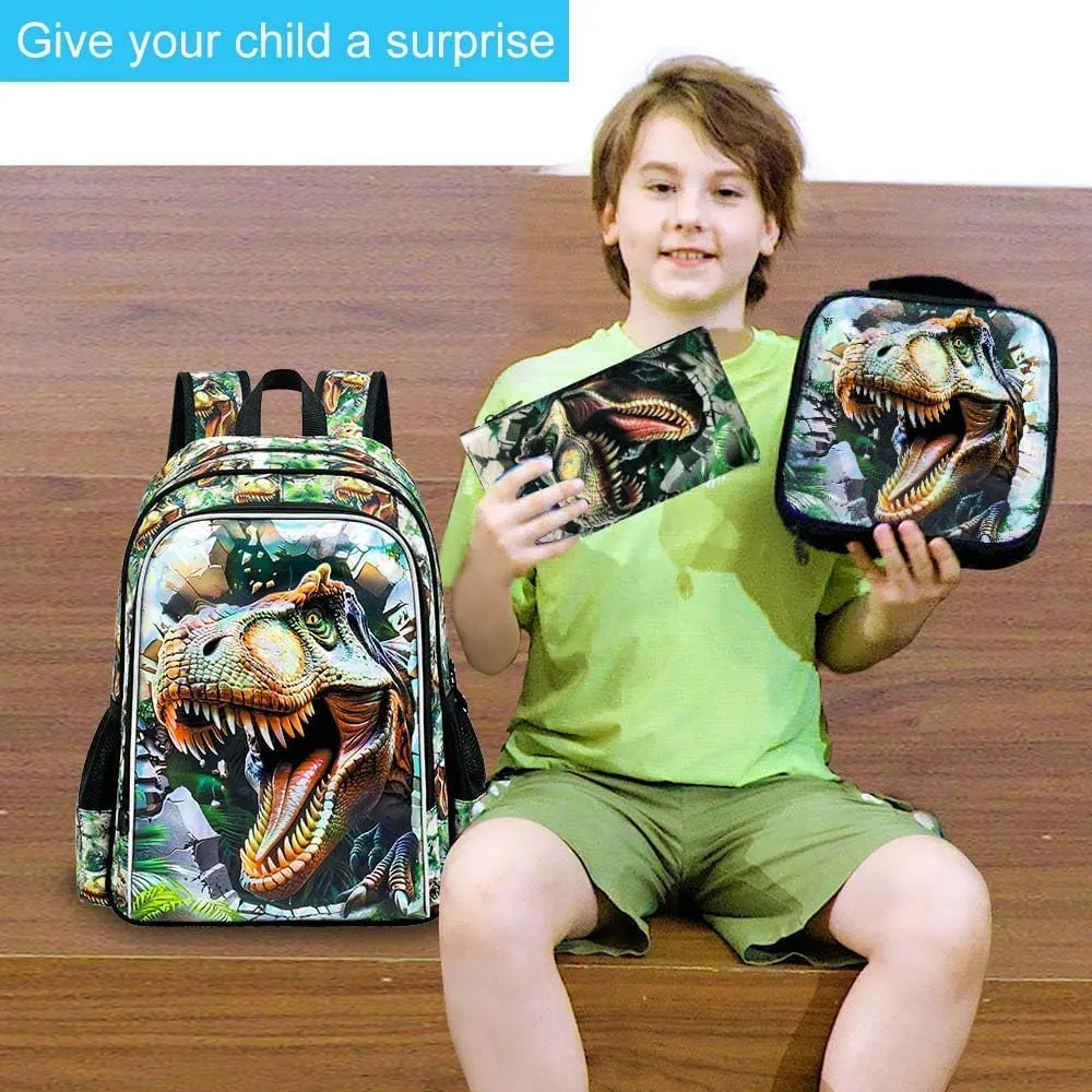 UFNDC 3PCS Boys Backpack,16”Kids Dinosaur Bookbag with Lunch Box, School Bag for Elementary Toddler