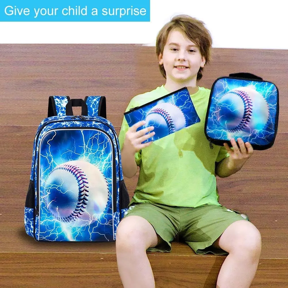 UFNDC 3PCS Boys Baseball Backpack, Kids Lightning School Bag with Lunch Box, 17" Water Resistant Bookbag for Teenagers Elementary Middle