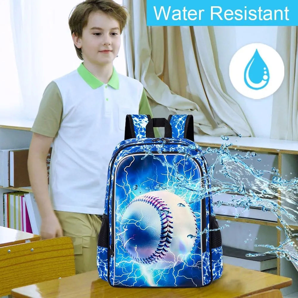 UFNDC 3PCS Boys Baseball Backpack, Kids Lightning School Bag with Lunch Box, 17" Water Resistant Bookbag for Teenagers Elementary Middle