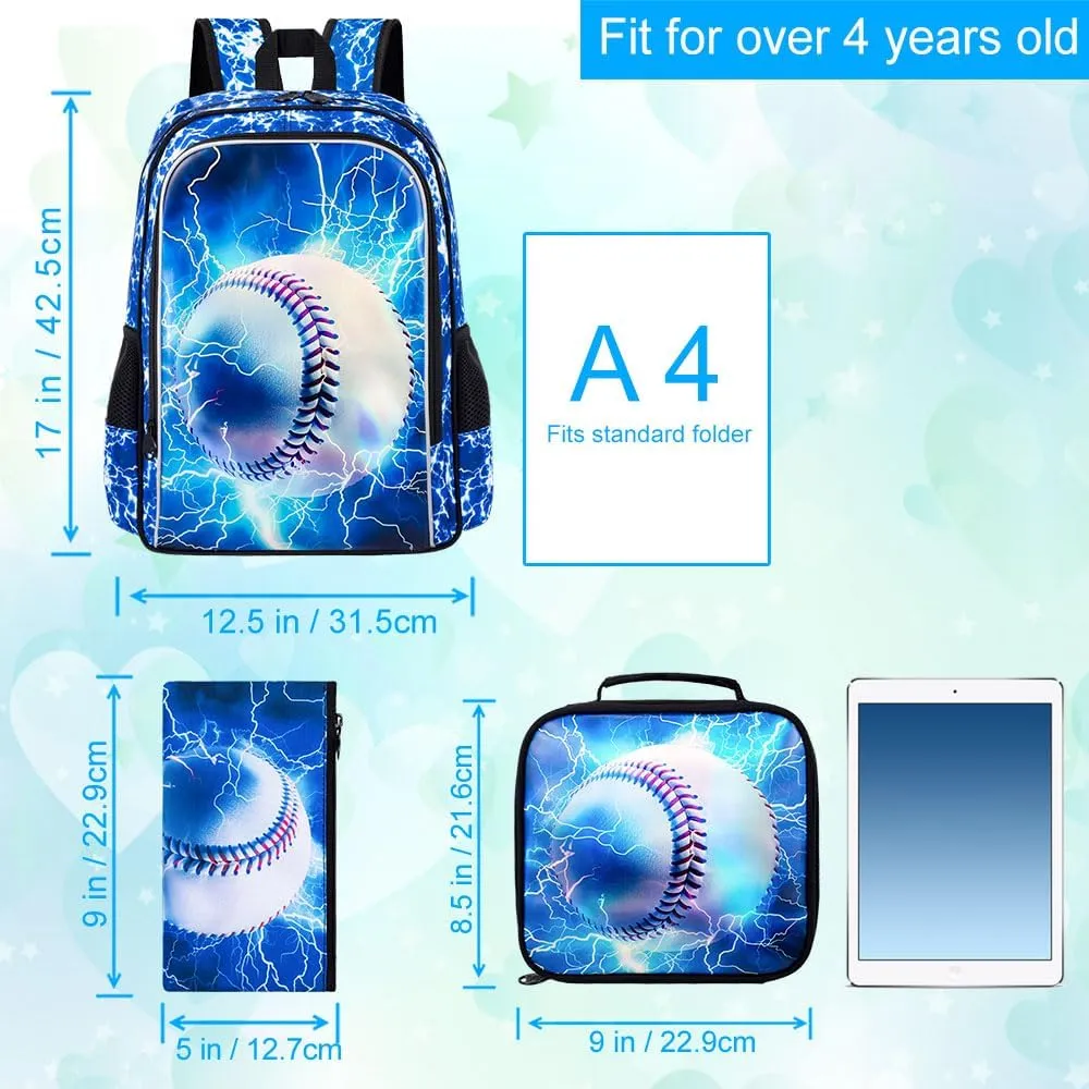 UFNDC 3PCS Boys Baseball Backpack, Kids Lightning School Bag with Lunch Box, 17" Water Resistant Bookbag for Teenagers Elementary Middle