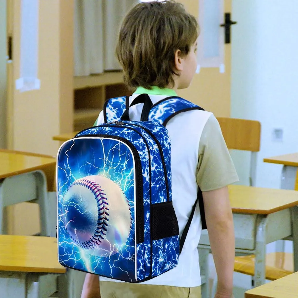 UFNDC 3PCS Boys Baseball Backpack, Kids Lightning School Bag with Lunch Box, 17" Water Resistant Bookbag for Teenagers Elementary Middle