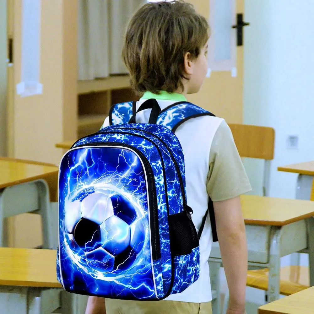 UFNDC 3PCS Boys Soccer Backpack, Kids Lightning Bookbag with Lunch Box, 17" Water Resistant School Bag for Teenagers Elementary Middle