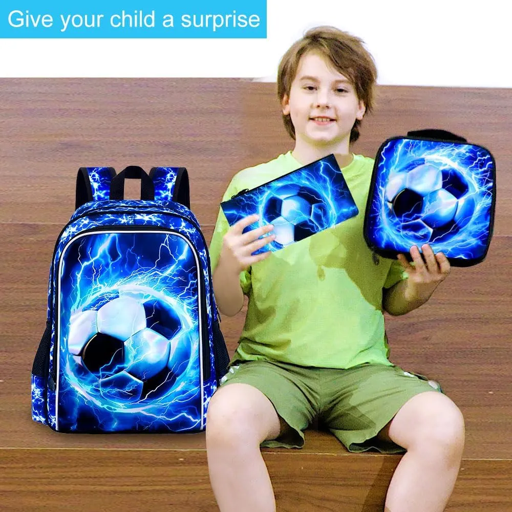 UFNDC 3PCS Boys Soccer Backpack, Kids Lightning Bookbag with Lunch Box, 17" Water Resistant School Bag for Teenagers Elementary Middle