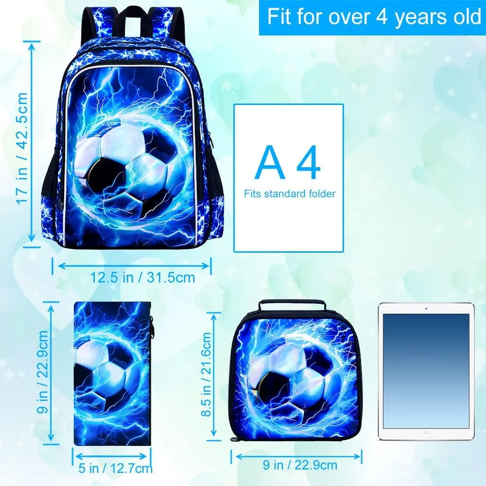 UFNDC 3PCS Boys Soccer Backpack, Kids Lightning Bookbag with Lunch Box, 17" Water Resistant School Bag for Teenagers Elementary Middle