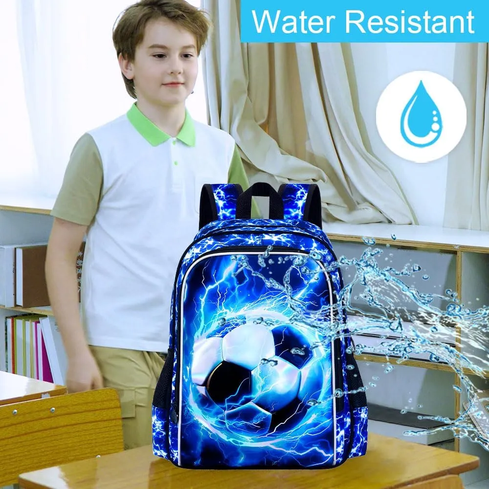 UFNDC 3PCS Boys Soccer Backpack, Kids Lightning Bookbag with Lunch Box, 17" Water Resistant School Bag for Teenagers Elementary Middle