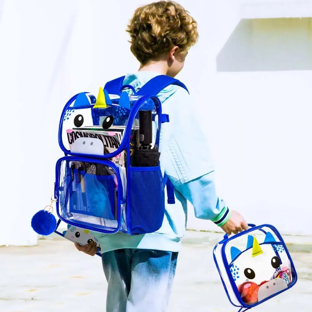 UFNDC 3PCS Clear Backpack for Girls and Boys, Unicorn Cat Transparent Bookbag, See Through School Bag for Kids Elementary