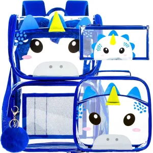 UFNDC 3PCS Clear Backpack for Girls and Boys, Unicorn Cat Transparent Bookbag, See Through School Bag for Kids Elementary