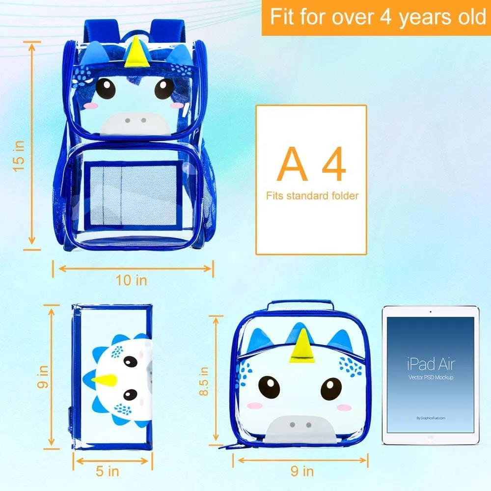 UFNDC 3PCS Clear Backpack for Girls and Boys, Unicorn Cat Transparent Bookbag, See Through School Bag for Kids Elementary
