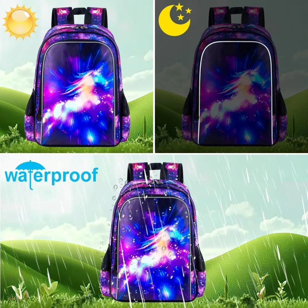 UFNDC 3PCS Girls Backpack, 16" Kids Bookbag with Lunch Box, Water Resistant School Bag for Elementary Preschool Toddler