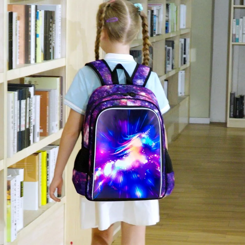 UFNDC 3PCS Girls Backpack, 16" Kids Bookbag with Lunch Box, Water Resistant School Bag for Elementary Preschool Toddler