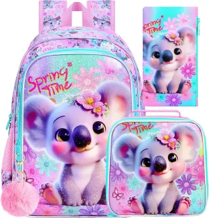 UFNDC 3PCS Girls Backpack, 16" Kids Bookbag with Lunch Box, Water Resistant School Bag for Elementary Preschool Toddler