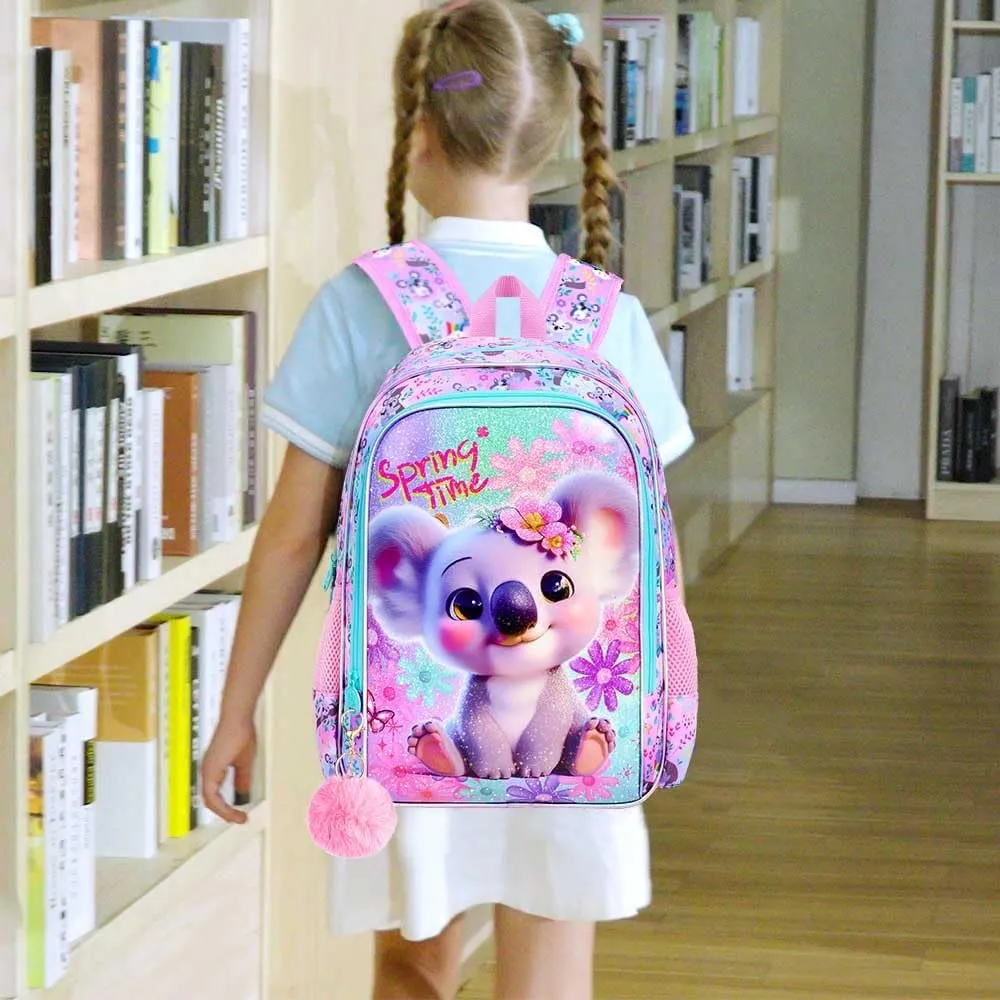UFNDC 3PCS Girls Backpack, 16" Kids Bookbag with Lunch Box, Water Resistant School Bag for Elementary Preschool Toddler