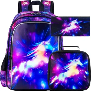UFNDC 3PCS Girls Backpack, 16" Kids Bookbag with Lunch Box, Water Resistant School Bag for Elementary Preschool Toddler