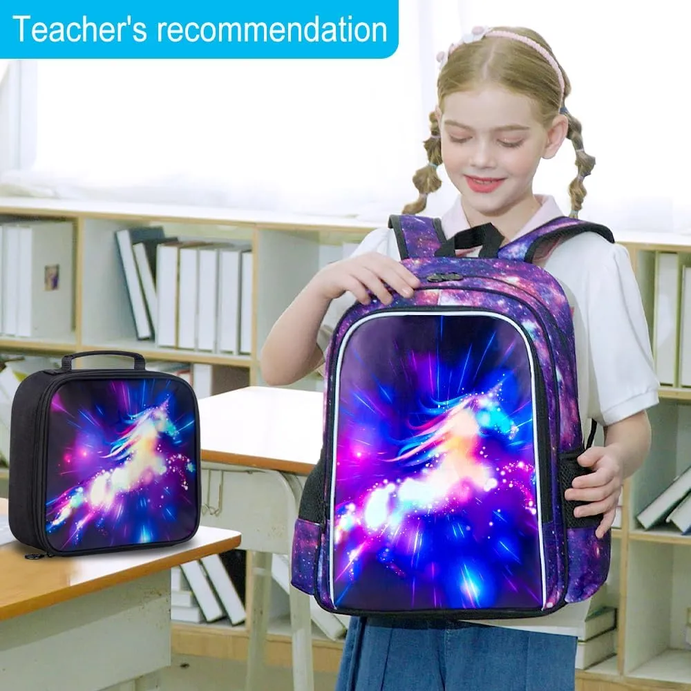 UFNDC 3PCS Girls Backpack, 16" Kids Bookbag with Lunch Box, Water Resistant School Bag for Elementary Preschool Toddler