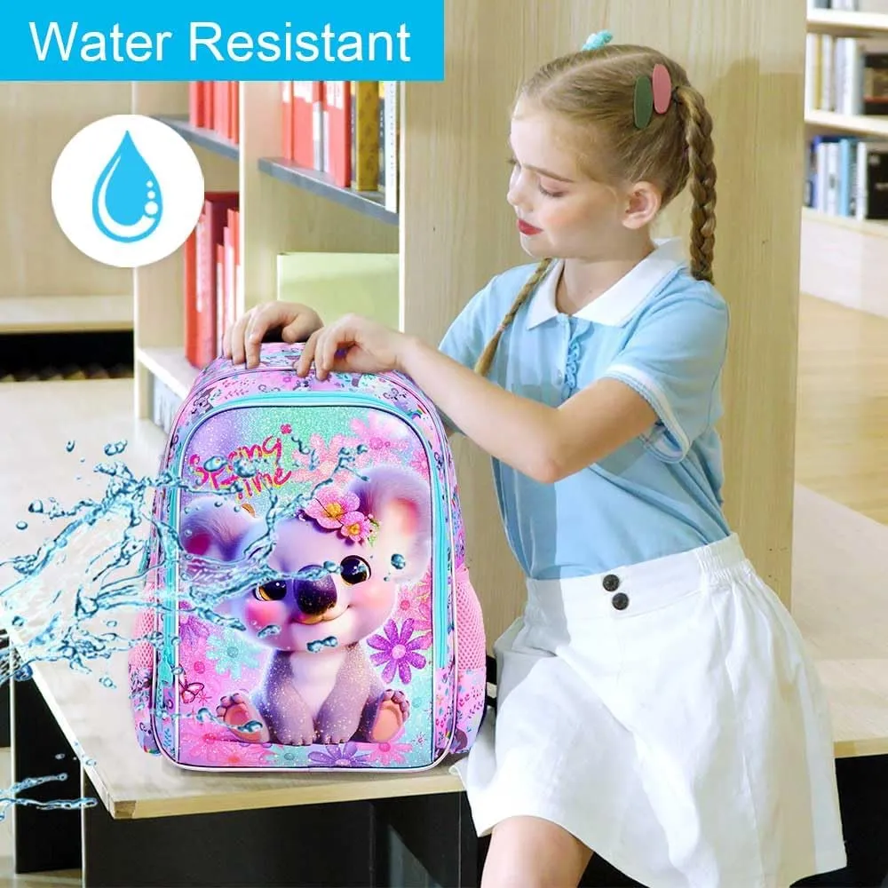 UFNDC 3PCS Girls Backpack, 16" Kids Bookbag with Lunch Box, Water Resistant School Bag for Elementary Preschool Toddler
