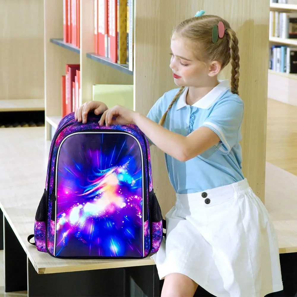 UFNDC 3PCS Girls Backpack, 16" Kids Bookbag with Lunch Box, Water Resistant School Bag for Elementary Preschool Toddler