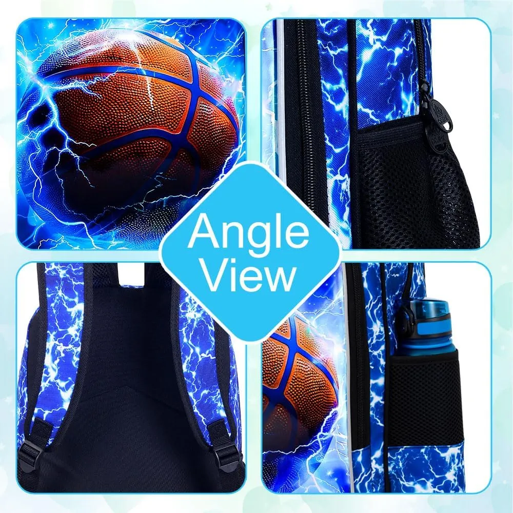 UFNDC 3PCS Kids Basketball Backpack, Boys Lightning School Bag with Lunch Box, 17" Water Resistant Bookbag for Teenagers Elementary Middle