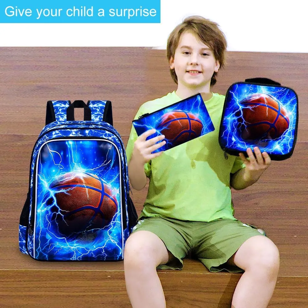 UFNDC 3PCS Kids Basketball Backpack, Boys Lightning School Bag with Lunch Box, 17" Water Resistant Bookbag for Teenagers Elementary Middle