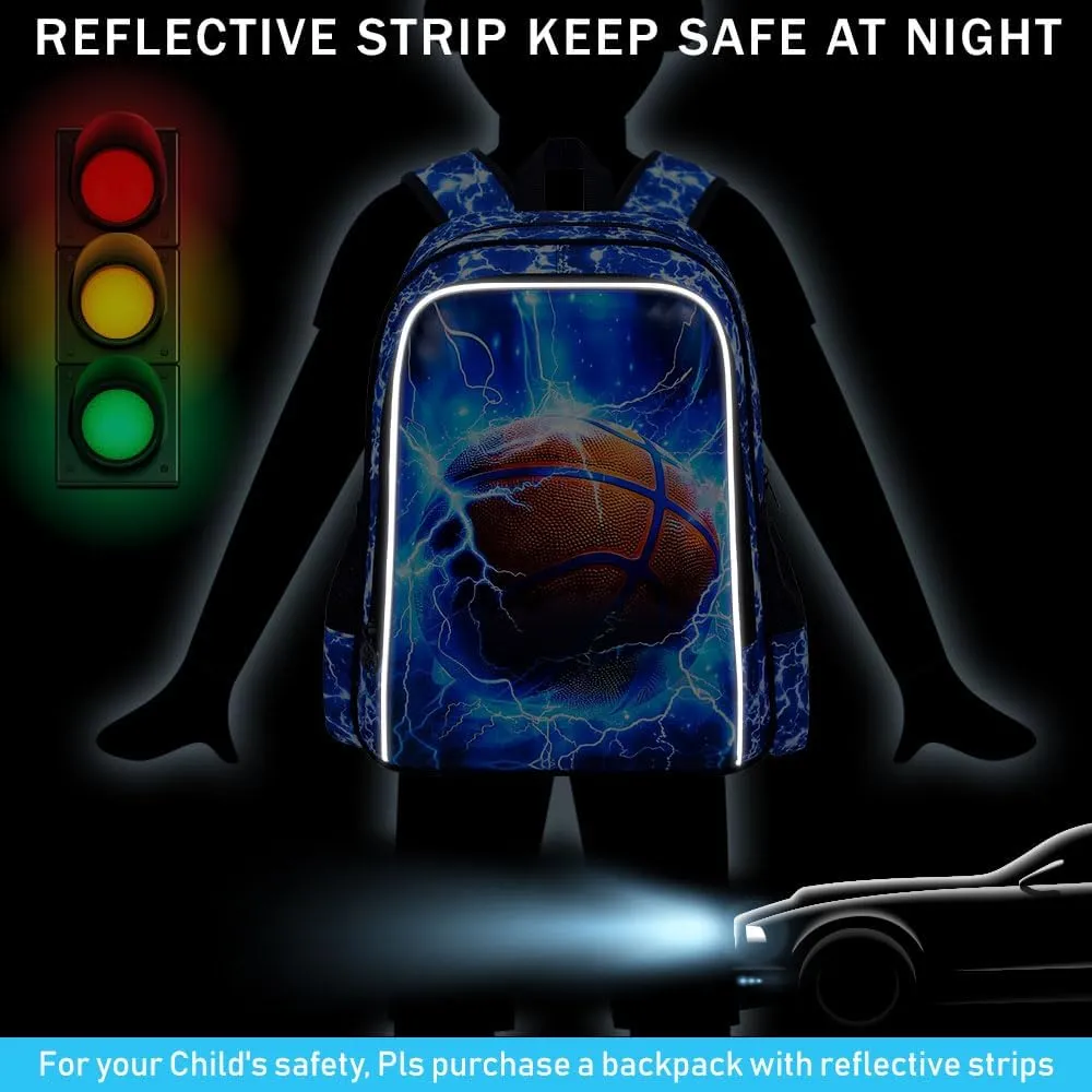 UFNDC 3PCS Kids Basketball Backpack, Boys Lightning School Bag with Lunch Box, 17" Water Resistant Bookbag for Teenagers Elementary Middle