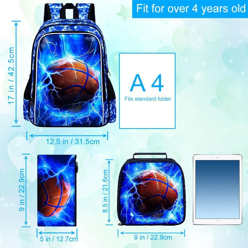 UFNDC 3PCS Kids Basketball Backpack, Boys Lightning School Bag with Lunch Box, 17" Water Resistant Bookbag for Teenagers Elementary Middle