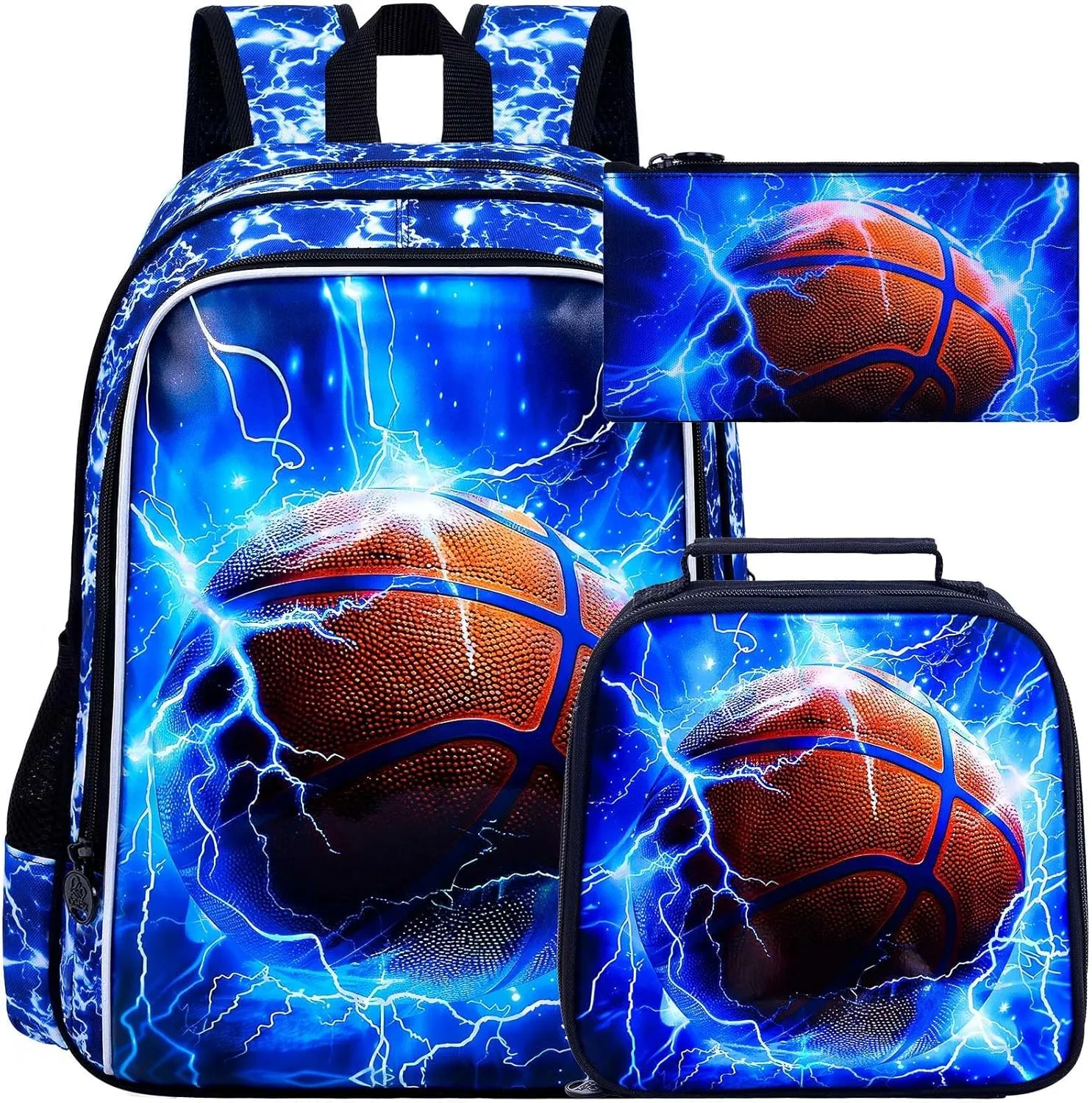 UFNDC 3PCS Kids Basketball Backpack, Boys Lightning School Bag with Lunch Box, 17" Water Resistant Bookbag for Teenagers Elementary Middle
