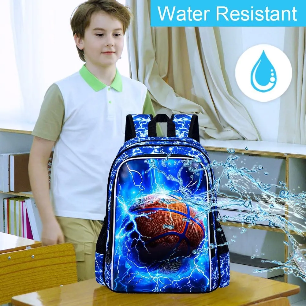 UFNDC 3PCS Kids Basketball Backpack, Boys Lightning School Bag with Lunch Box, 17" Water Resistant Bookbag for Teenagers Elementary Middle