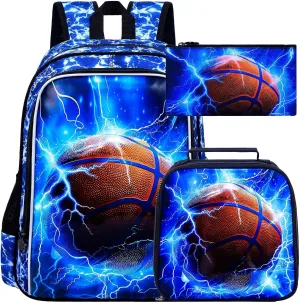 UFNDC 3PCS Kids Basketball Backpack, Boys Lightning School Bag with Lunch Box, 17" Water Resistant Bookbag for Teenagers Elementary Middle
