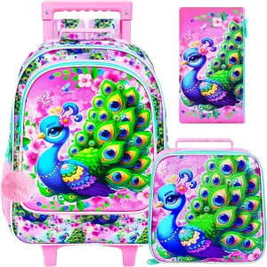 UFNDC 4PCS Girls Backpack with Wheels, Cute Kids Peacock Wheeled Backpack，Roller School Bag with Wheels for Elementary Preschool Travel
