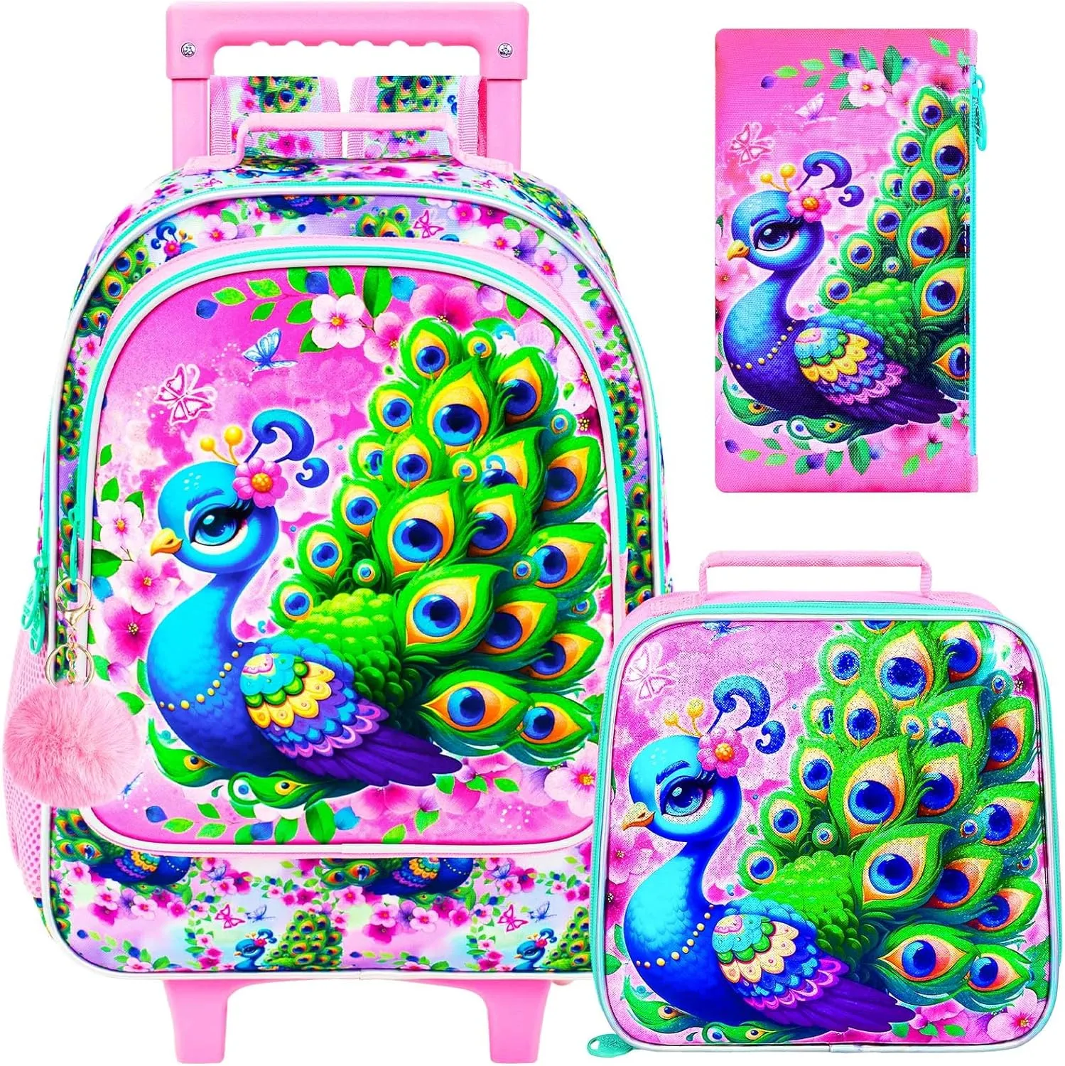 UFNDC 4PCS Girls Backpack with Wheels, Cute Kids Peacock Wheeled Backpack，Roller School Bag with Wheels for Elementary Preschool Travel