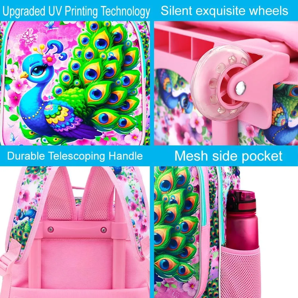UFNDC 4PCS Girls Backpack with Wheels, Cute Kids Peacock Wheeled Backpack，Roller School Bag with Wheels for Elementary Preschool Travel