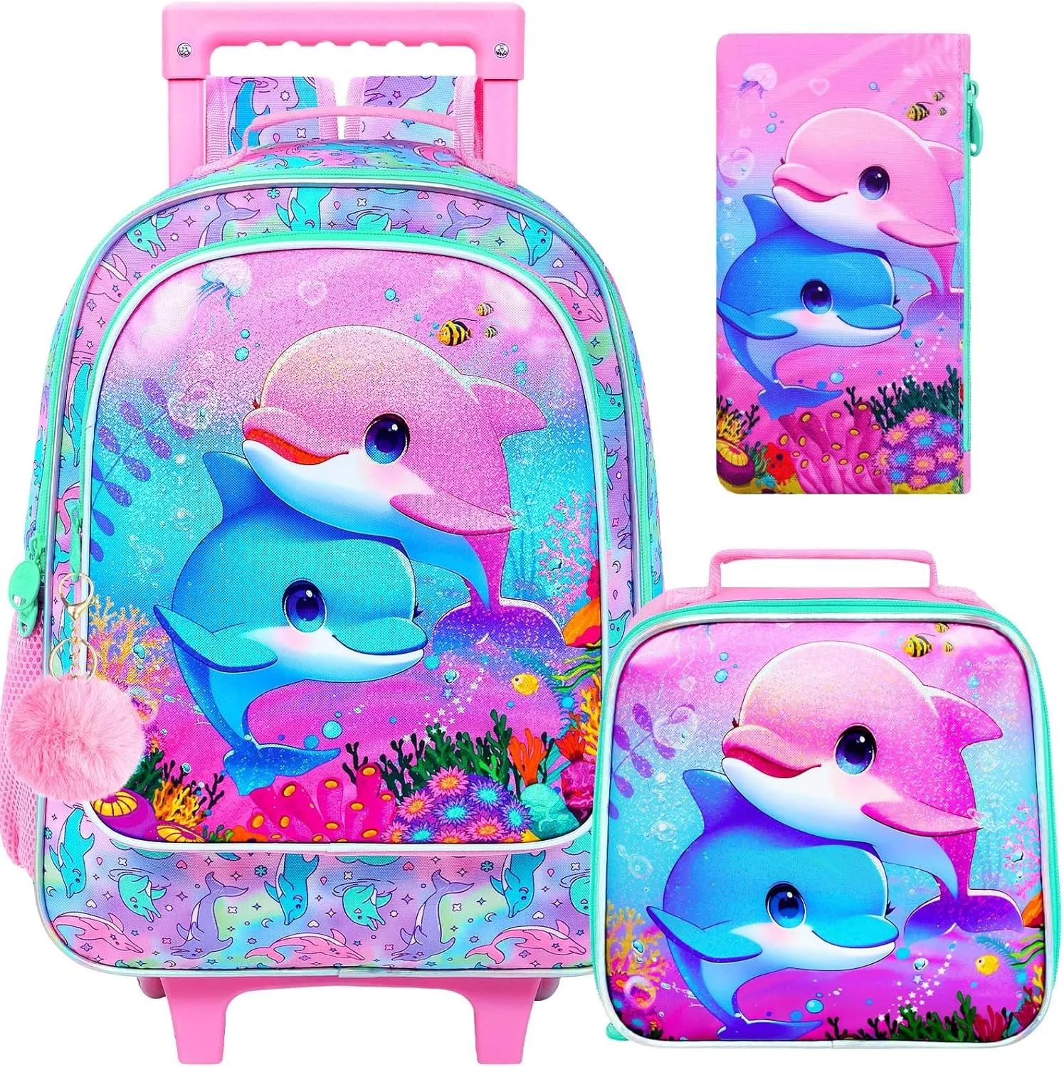 UFNDC 4PCS Girls Rolling Bookbag, Cute Kids Dolphin Wheeled Backpack，Roller School Bag with Wheels for Elementary Preschool Travel