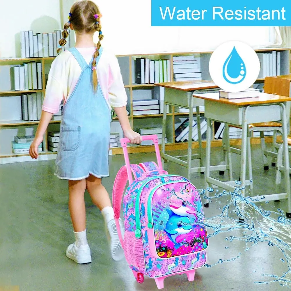UFNDC 4PCS Girls Rolling Bookbag, Cute Kids Dolphin Wheeled Backpack，Roller School Bag with Wheels for Elementary Preschool Travel