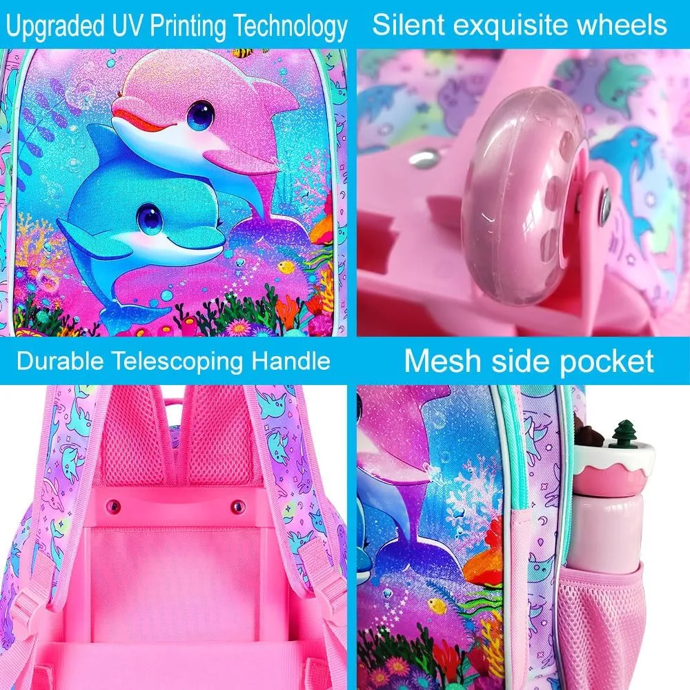 UFNDC 4PCS Girls Rolling Bookbag, Cute Kids Dolphin Wheeled Backpack，Roller School Bag with Wheels for Elementary Preschool Travel