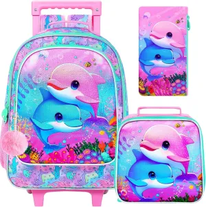 UFNDC 4PCS Girls Rolling Bookbag, Cute Kids Dolphin Wheeled Backpack，Roller School Bag with Wheels for Elementary Preschool Travel