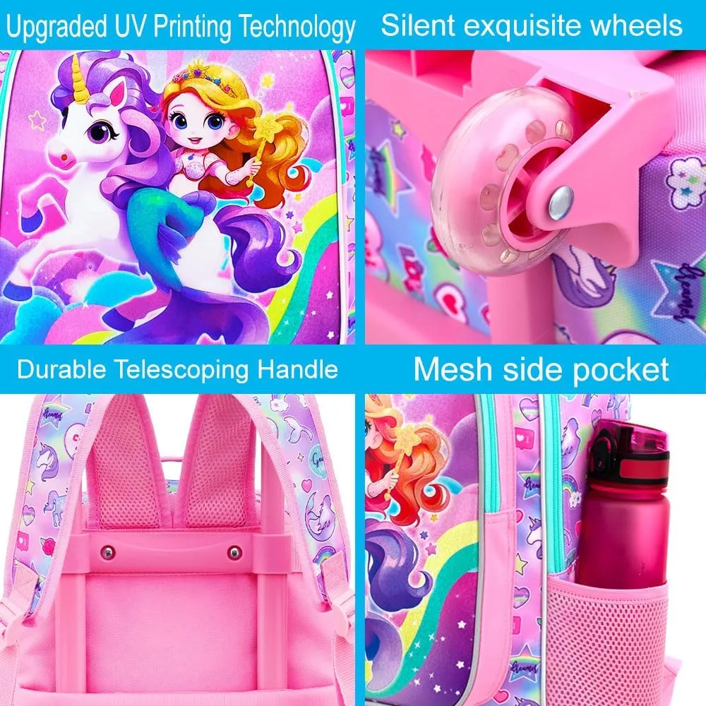 UFNDC 4PCS Rolling Bookbag for Girls, Cute Kids Mermaid Wheeled Backpack，Unicorn Roller School Bag with Wheels for Elementary Preschool Travel