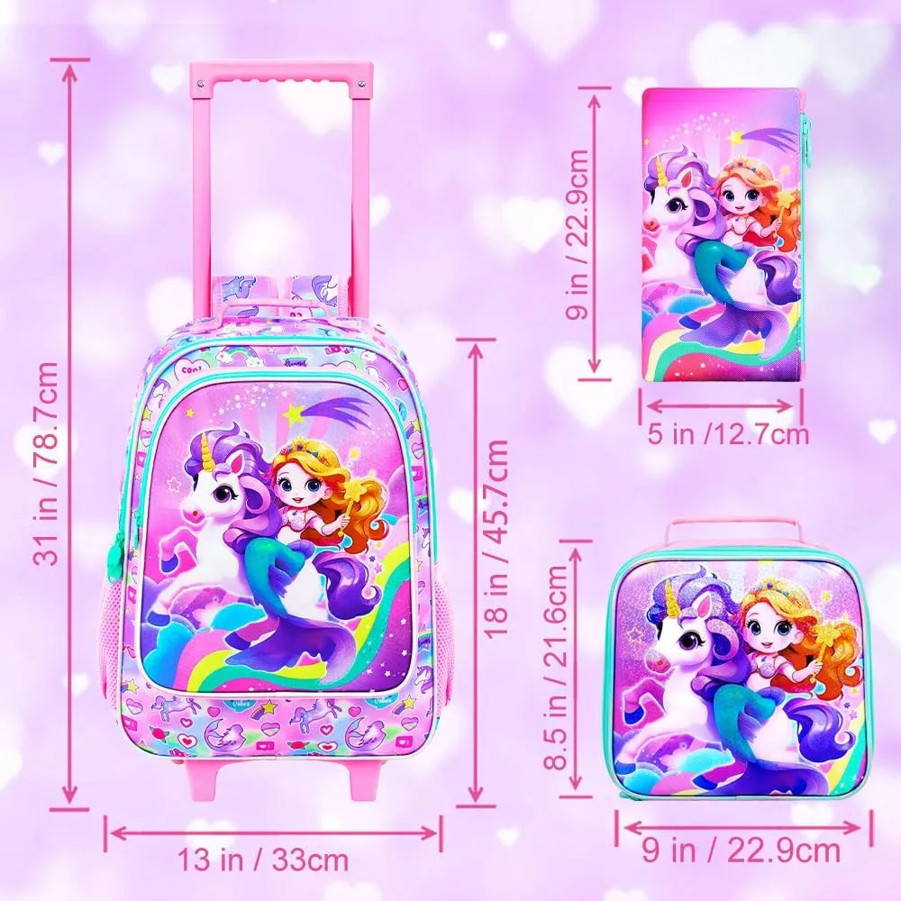 UFNDC 4PCS Rolling Bookbag for Girls, Cute Kids Mermaid Wheeled Backpack，Unicorn Roller School Bag with Wheels for Elementary Preschool Travel