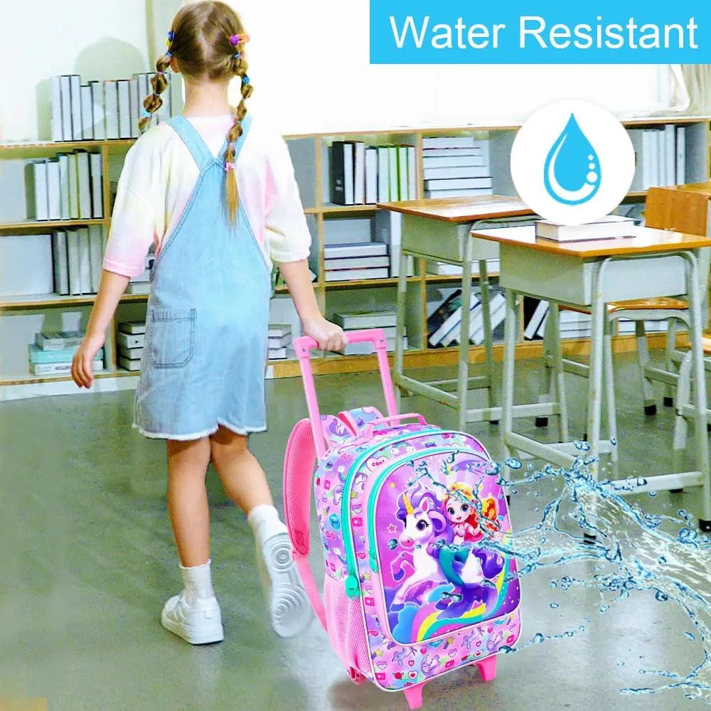 UFNDC 4PCS Rolling Bookbag for Girls, Cute Kids Mermaid Wheeled Backpack，Unicorn Roller School Bag with Wheels for Elementary Preschool Travel