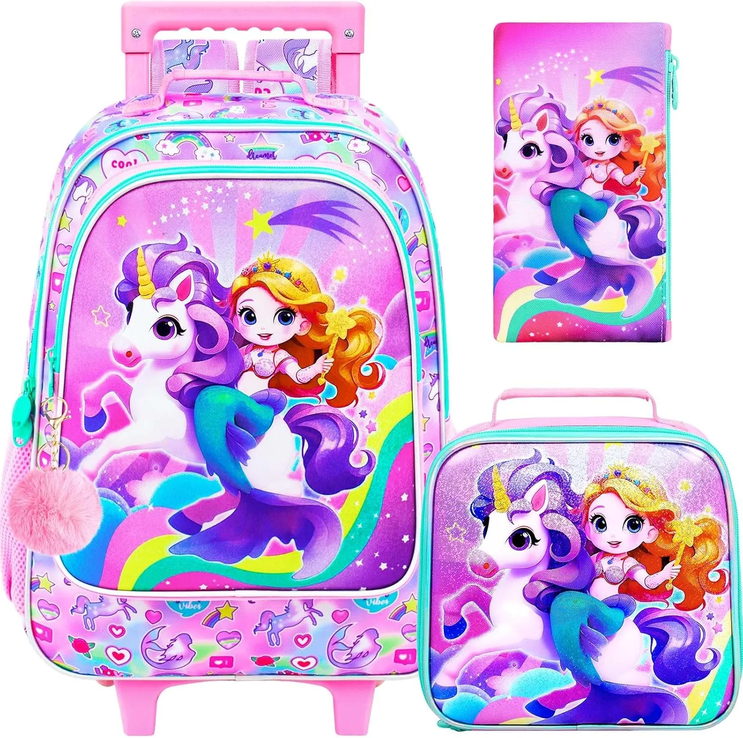 UFNDC 4PCS Rolling Bookbag for Girls, Cute Kids Mermaid Wheeled Backpack，Unicorn Roller School Bag with Wheels for Elementary Preschool Travel