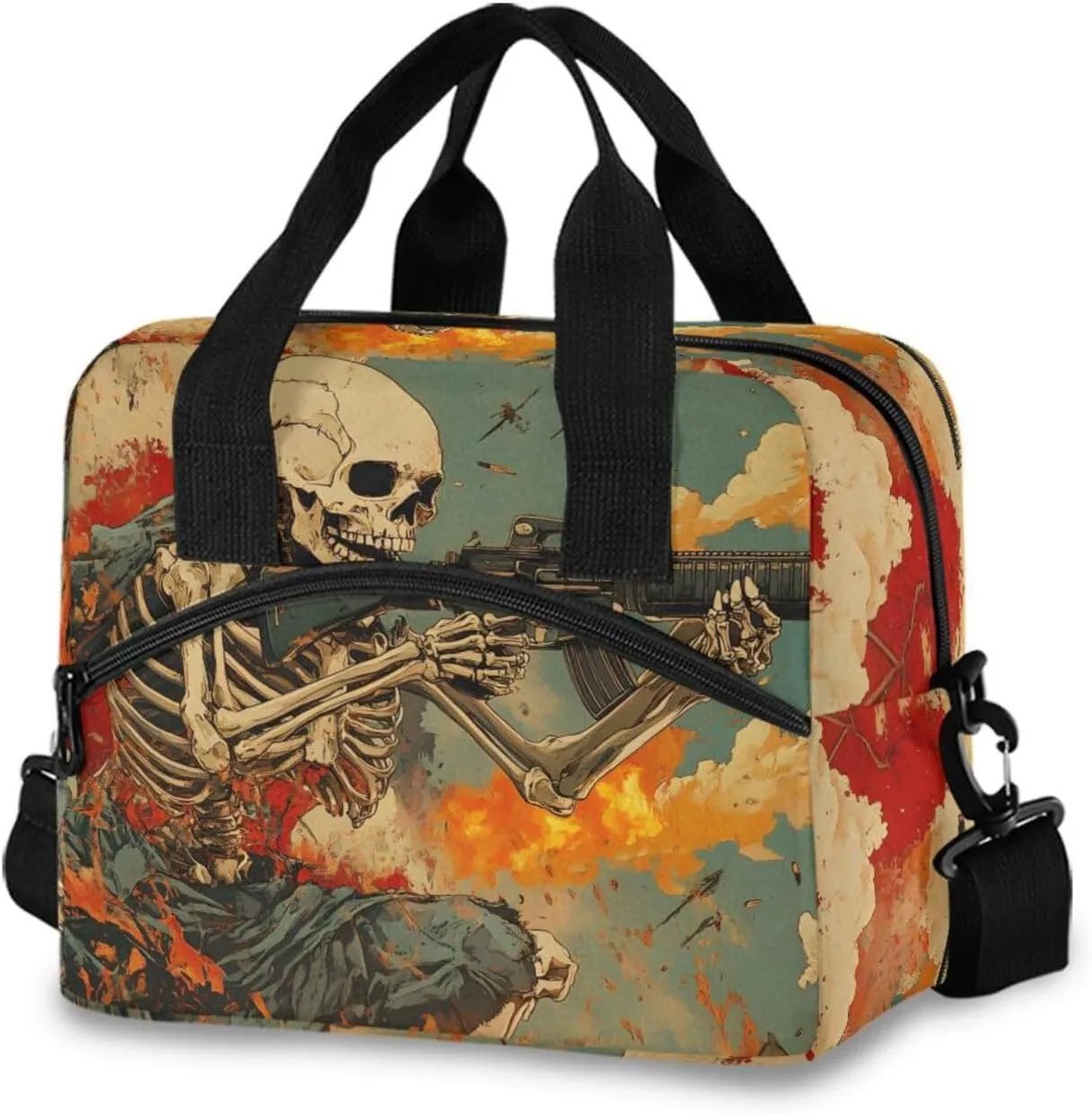Ukiyo E Skull Soldier Insulated Lunch Bag 19 Cans Large Capacity Cooler Lunch Box Crossbody with Adjustable Detachable Strap 11.4×7.1×9.5 in