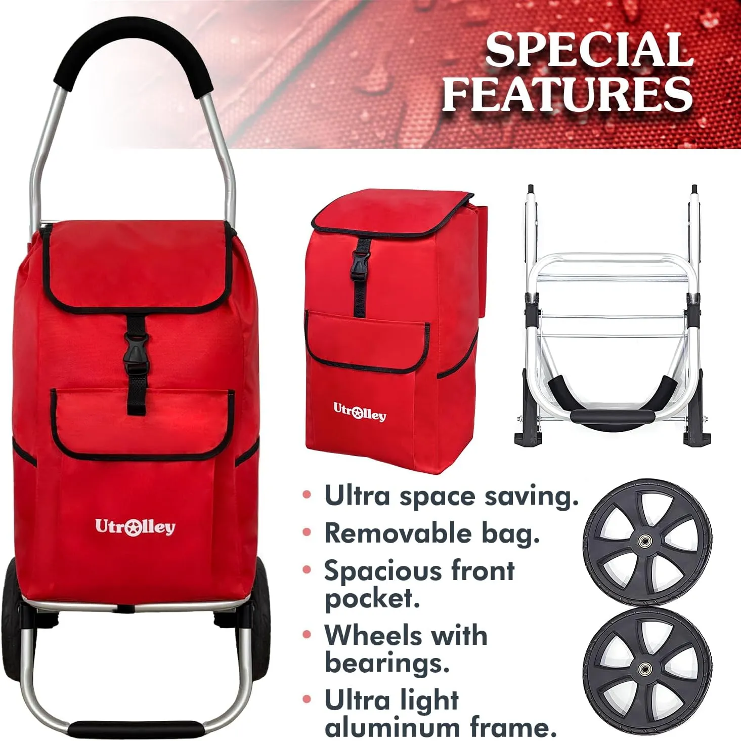 Ultra-Lightweight Foldable Shopping Cart for Groceries - Large 42L Capacity Grocery, Soft Rolling Wheels, Removable Bag, Multi-Use Personal Hand Truck, Red