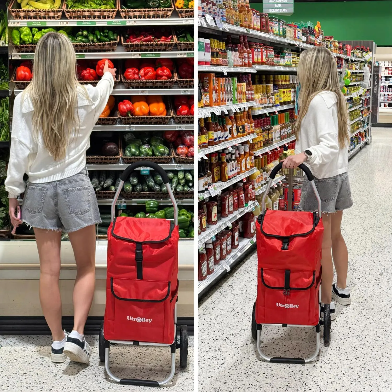 Ultra-Lightweight Foldable Shopping Cart for Groceries - Large 42L Capacity Grocery, Soft Rolling Wheels, Removable Bag, Multi-Use Personal Hand Truck, Red