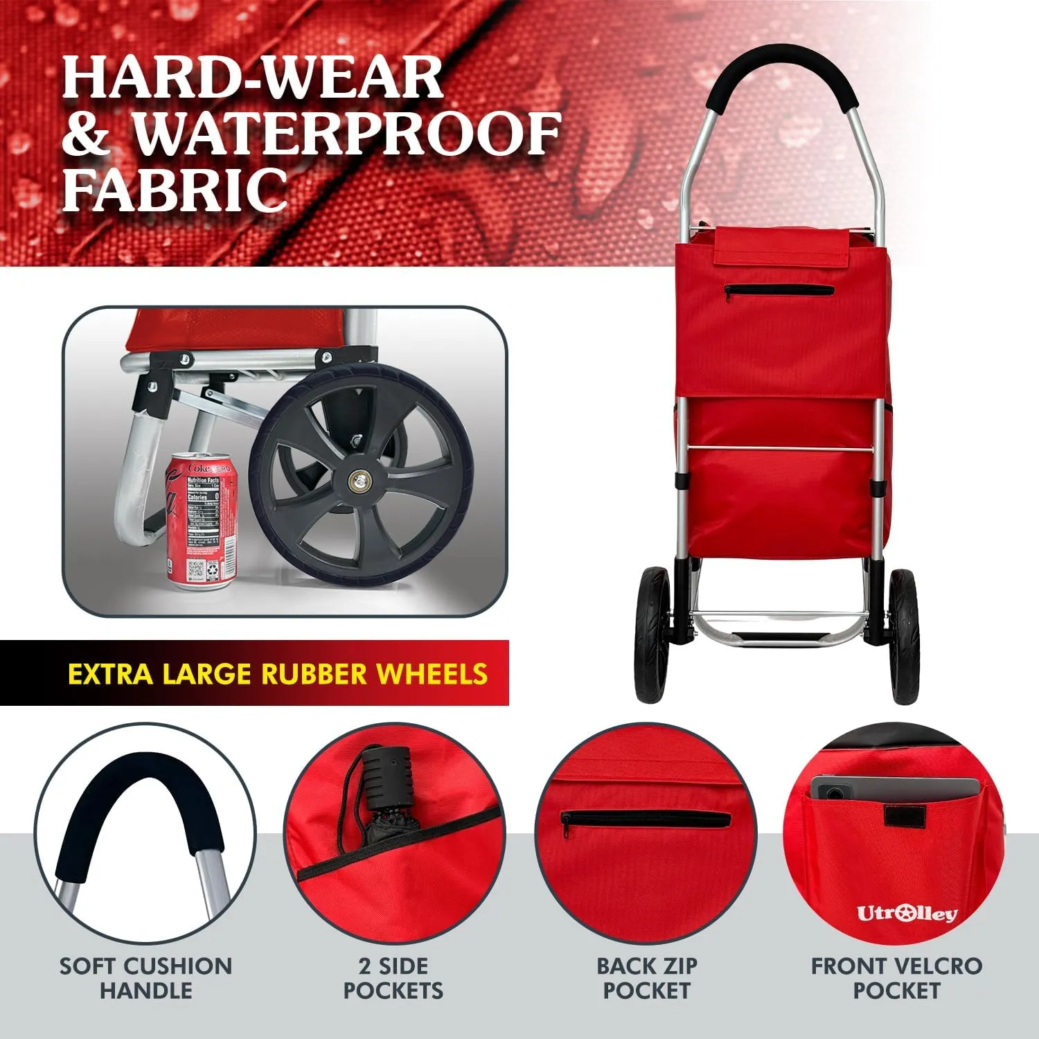 Ultra-Lightweight Foldable Shopping Cart for Groceries - Large 42L Capacity Grocery, Soft Rolling Wheels, Removable Bag, Multi-Use Personal Hand Truck, Red